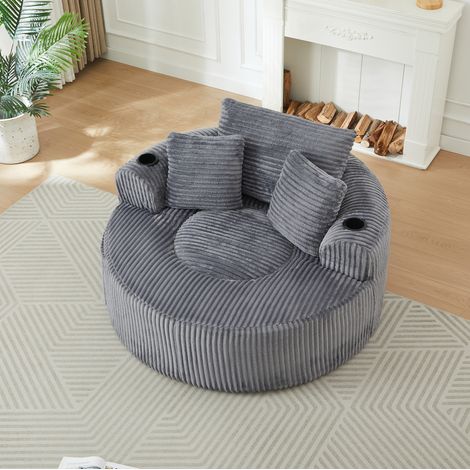 Fauteuil lounge rond 1 place en velours côtelé gris, 2 porte-gobelets pour salon – MEUBLIV (1/5)