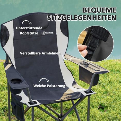 Lot de 2 chaises de camping pliables rembourrées accoudoirs porte-gobelet appui-tête sac isotherme charge max 120 kg pour pêche jardin extérieur (1/4)