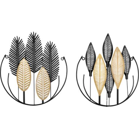 Set di due decorazioni murali 3D in metallo, stile moderno a forma di foglia, adatte per il soggiorno, colore nero naturale, 40x46 cm, spedizione gratuita. (1/5)