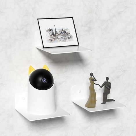 Lot de 3 étagères murale blanc, petite étagère flottante de 10 cm, sans perçage, pour chambre, salon, enceinte connectée, collections, horloge, décoration (1/5)