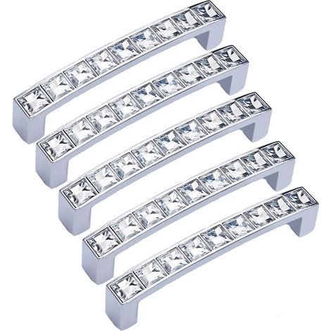 5 Pack Modern Decorative Crystal Knobs, 4" Long (3.6" Hole Center), Zinc Alloy Glass Rhinestone Drawer Pulls Handles for Dressers, Cabinets, Wardrobes, Doors, Furniture.