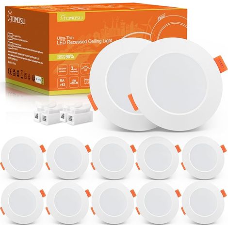Tomosu Spot LED Encastrable Extra Plat, 5W 450LM Equivalent 50W Incandescence, IP44 Spot Etanche Salle de bain, Blanc Froid 6000K, Trou Φ75-90mm, AC220-240V, Lot de 10 (1/5)