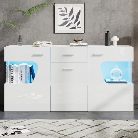 Credenza da soggiorno 3 ante con vetrina in vetro e LED, 140 x 33 x 70 cm, MDF bianco (1/5)
