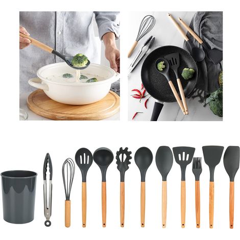 Ensemble Ustensiles Cuisine 12 Pièces Silicone Bois Hêtre Résistant Chaleur 480°F Antiadhésif (1/5)