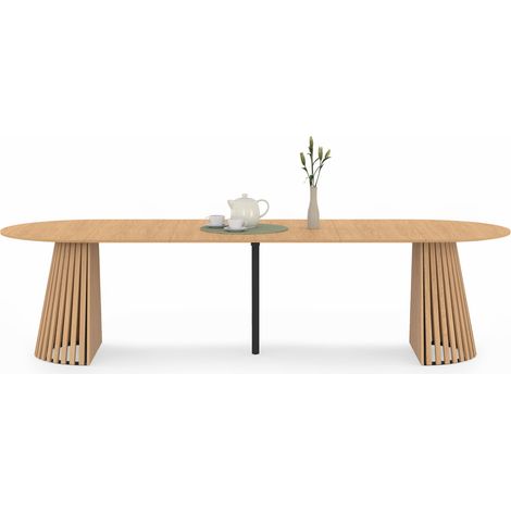 Table à manger extensible ronde CARMEN 4-12 personnes pied bois en lattes et plateau bois 110-300 cm