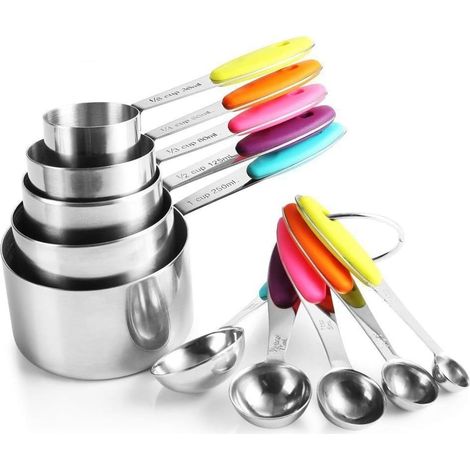 Set aus Messbechern und Löffeln aus Edelstahl: 5 Messbecher und 5 Messlöffel, Graduierung in internationalen Einheiten, spülmaschinenfest, ideal für die Küche.