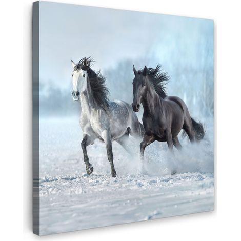 TABLEAU SUR TOILE Chevaux - Hiver - Animaux - Nature - Neige Tableau Chambre Adulte 90x90 cm