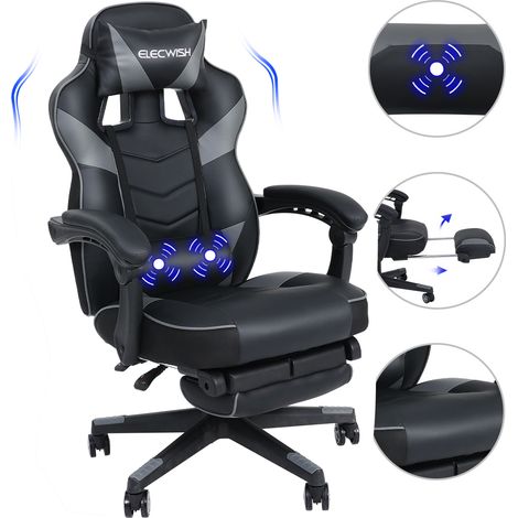 Puluomis – Chaise gaming ergonomique avec dossier réglable 90°-150° – Repose-pieds et coussin lombaire à massage USB – Cuir PU – Charge max 150kg – Gris