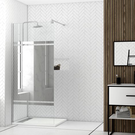 Parete per doccia 100x200cm con fascia a specchio - Vetro 8mm - Profilo cromato - FREEDOM 2 MIRROR