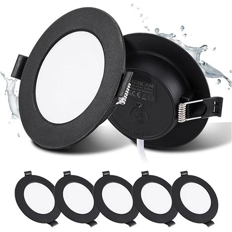 Pack of 5 LED Recessed Spotlights, 5 W, Black, Bathroom Spotlights, IP44, Ultra-Thin 25 mm, Warm White 3000K, Holes Diameter 75-90 mm, Round LED Outdoor Spotlight, AC 220V-240V, for Kitchen (1/5)