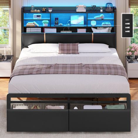 Lit 140x190 avec Multiprise et Éclairage LED, Cadre de Lit avec Sommier à Lattes Métal avec 6 Compartiments Ouverts, 2 Grands Tiroirs et Rangement sous Lits, Tête de Lits Capitonnée en PU Noir (1/5)