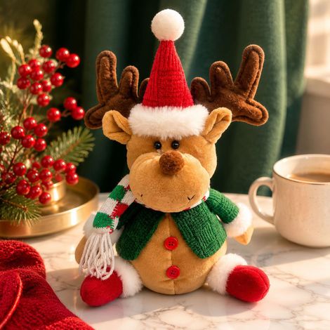 Weihnachtsdekoration: Sitzende Puppe, grün karierte Stoffpuppe „Schneemann“ als Tischdekoration