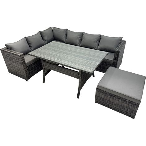 Fimous Outdoor PE Rattan Sofa Set with Dining Table Patio Garden Furniture Sets with Big Stool Dark Grey Mixed (1/5)