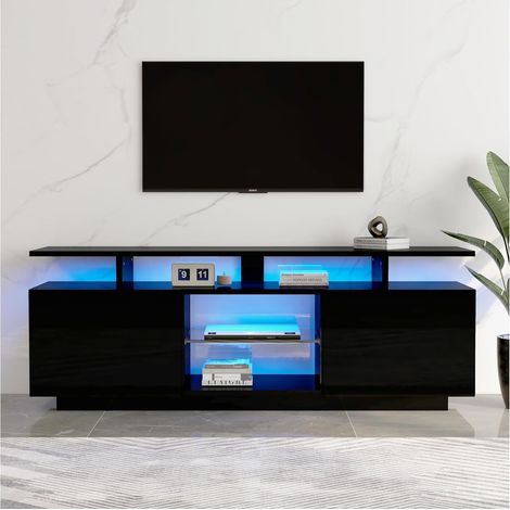 Meuble TV avec éclairage LED,Meuble TV Noir avec 3 Compartiments Ouverts, 2 Portes, 2 tiroirs,Armoire TV Haute brillance16035  60cm,contrôle Smart App, pour TV 70 Pouces (Noir) (1/5)