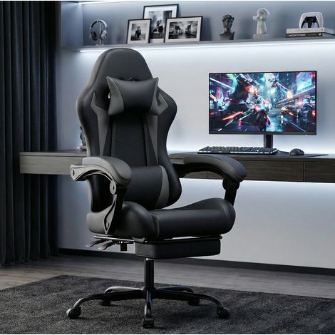 Sedia da gaming nero e grigio in PVC con supporto lombare, poggiatesta e schienale reclinabile (1/4)