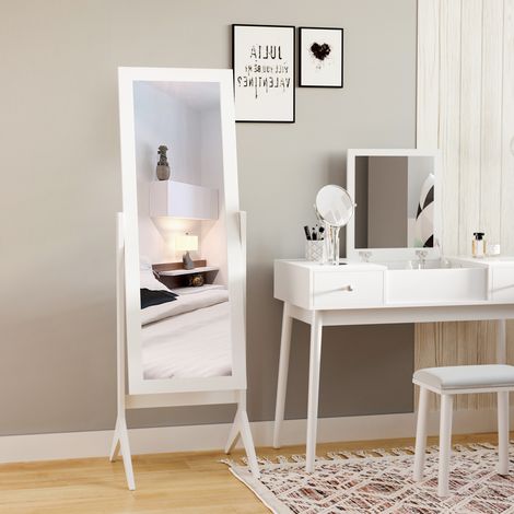 Miroir sur pied, miroir pleine longueur, miroir de coiffeuse, pieds surélevés, MDF facile d'entretien, blanc, 47 x 46 x 148 cm (1/5)