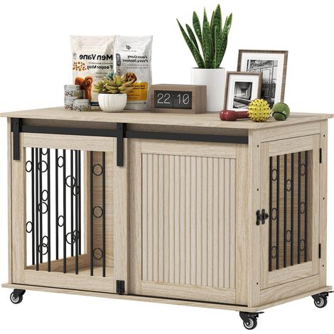 Cage pour chien sur roulettes, porte coulissante, 100 x 56 x 65 cm, bois, acier