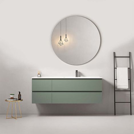 Mobile bagno sospeso 140 cm Verde Salvia Lavabo a Destra in Resina Specchio Tondo - Fiji Paint (1/4)