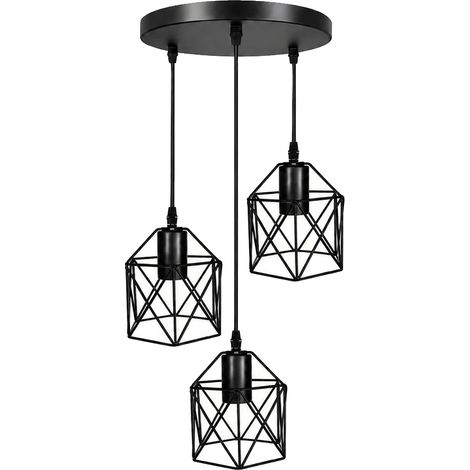 Lámpara colgante, diseño industrial, cables de suspensión ajustables, pantalla redonda de 3 cabezales, bombilla no incluida. (1/2)