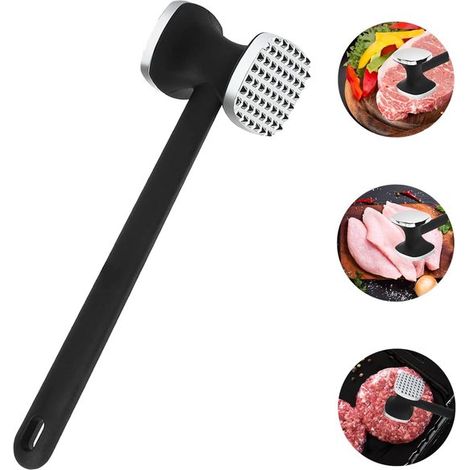 Martillo para carne, Doble cara, Mango negro, Acero inoxidable, Batidor de carne, Prensa para carne, Ergonómico y robusto, 19,5 cm (1/5)