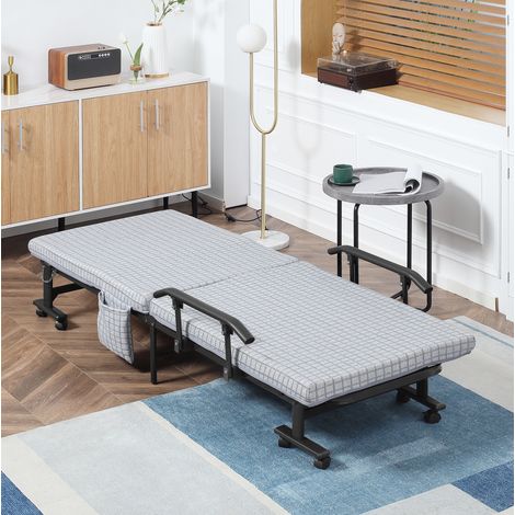 Lit d'appoint pliant en acier gris clair 190x76x33 cm, avec roulettes et dossier réglable 5 positions (1/5)