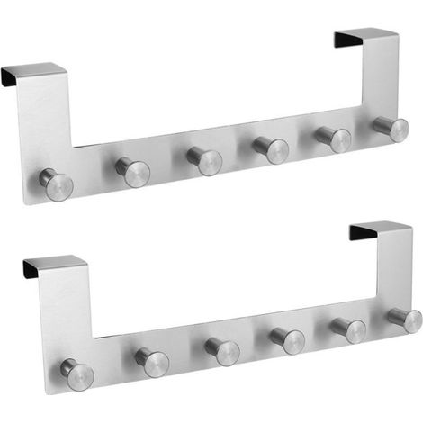 Set mit 2 Türhaken, 12 Haken für Handtücher und Mäntel, kein Bohren erforderlich, 2 x 39,5 x 11,2 x 4,5 cm, Edelstahl satiniert