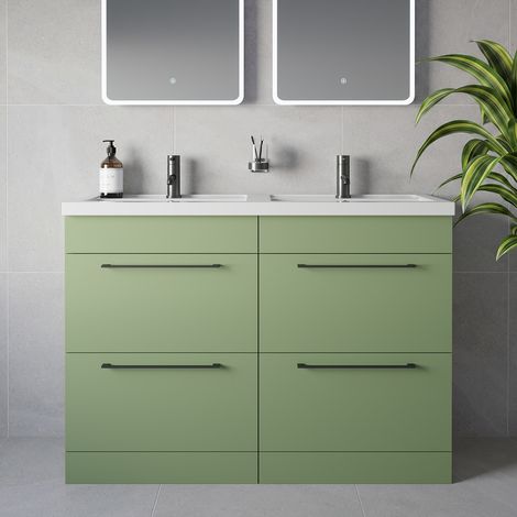Napoli 390 Olive Green 1200mm 4 Drawer Vanity Unit with Double Lucia Basins - 1200mm - Gunmetal Grey 320mm Handle