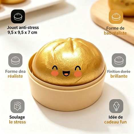 Boule anti-stress réaliste en forme de bao 9,5 cm, jouet à presser, décompression et relaxation, accessoire anti-anxiété - Doré (1/5)