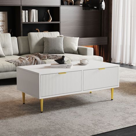 Table basse - 2 tiroirs - design rayures verticales - Blanc (1/4)