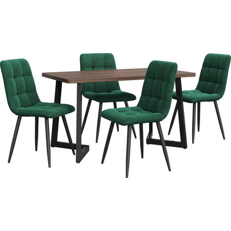 Conjunto de comedor moderno de 5 piezas con mesa MDF color nogal y 4 sillas de terciopelo verde (1/5)