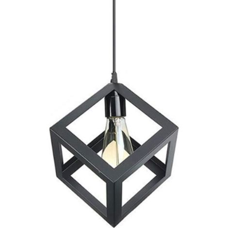 E27 Suspension Rétro Vintage Cube Carré Lustre abat-jour Luminaire Industriel Noir (1/4)