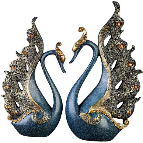 Lot de 2 ornements de paon en résine naturelle, sculpture de paon de bureau pour meuble à vin ou meuble TV, bleu, hauteur 30 cm. (1/5)