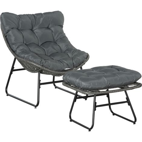 Fauteuil de relaxation en rotin avec repose-pieds – Fauteuil de jardin avec coussins épais – Chaise d'extérieur en rotin pour jardin, balcon et terrasse – Gris