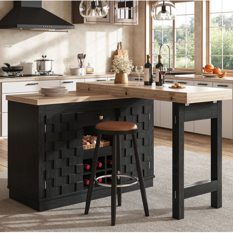 360° drehbare Kücheninsel & Seitenschrank 120–197cm mit Patchwork-Türen, herausnehmbarem Weinregal & Schubladen, 2 Farben (Eiche hell / Schwarz) (1/5)