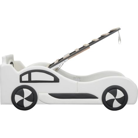 Lit voiture enfant 90 x 200 cm avec sommier relevable, coffre de rangement, revêtement cuir régénéré blanc, structure MDF, pour chambre garçon - CHICFURN (1/5)