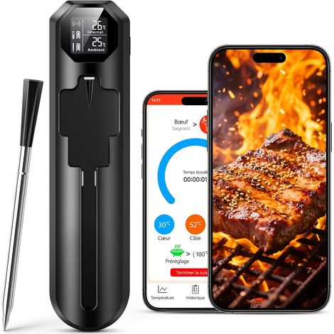 Thermomètre Cuisine Sans Fil, Thermometre Cuisson avec App et Double Capteur, 150m Bluetooth Thermomètres à Viande Type-C Charge Thermomètre Culinaire pour BBQ, Grill, Fumoir, Four, Sous Vide (1/5)
