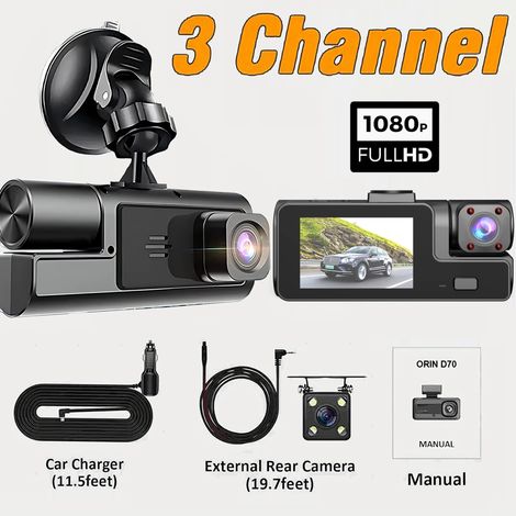 (Carte SD 64 Go, 3 objectifs) Caméra embarquée DVR 1080p avec vision nocturne et enregistrement de stationnement 24h/24 (1/5)