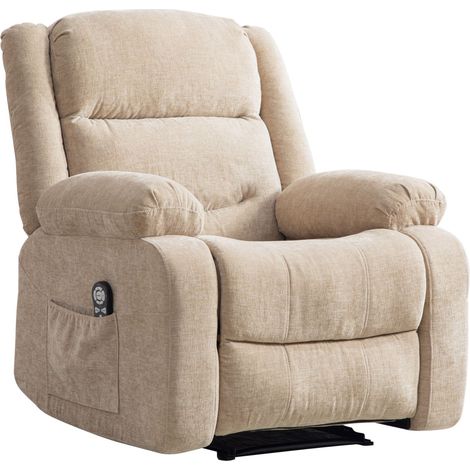 Fauteuil relax électrique multifonction avec fonction massage et chauffage électriques, dossier et repose-pieds réglables manuellement, poches de rangement latérales, kaki clair (1/5)