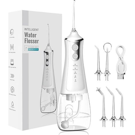 Hydropulseur Rechargeable Professionnel - Blanc - 5 Embouts, 4 Modes, Jet Dentaire - pour L'entretien des Appareils Dentaires à Domicile et en Voyage (1/5)