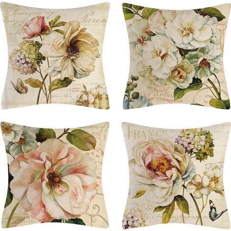 Fleurs Beige Rétro Housse Coussin en Lin Lot de 4 Décoratif Fleuri Vintage Housses Coussin 45x45 (1/5)