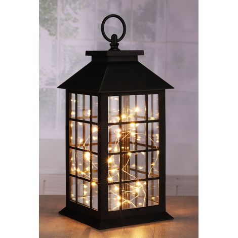 Kunststoff Laterne in schwarz mit 30 LED - mit Timer - Batterie betrieben Deko Leuchte Tisch Lampe Draht Lichterkette warmweiß