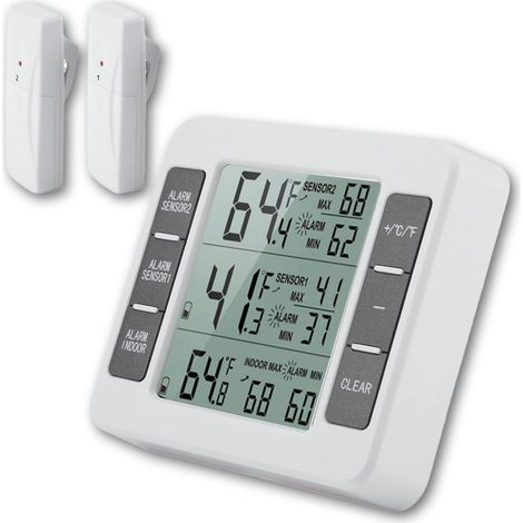Thermomètre Réfrigérateur Numérique, Thermomètre Réfrigérateur Sans Fil avec 2 Capteurs Alarme Sonore Affichage Min/Max écran, pour Maison, Restaurants, etc. (1/5)
