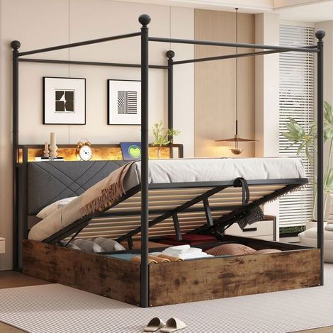 Lit Coffre 140x200cm Baldaquin Métal Noir LED USB Type-C - Lit Rembourré - Rangement Hydraulique Sommier Inclus Chambre Pour Adultes (1/5)