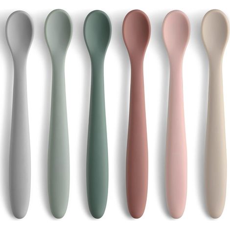 Lot de 6 cuillères en silicone pour bébé, premières cuillères d'apprentissage, embout souple pour gencives, couverts bébé autonome, vaisselle repas, lavable au lave-vaisselle et stérilisable à l'ébull (1/5)