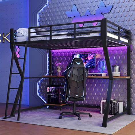 Lit mezzanine - 90x200 cm - LED intégrée - Bureau avec prise USB - Structure métal & MDF (240 kg)