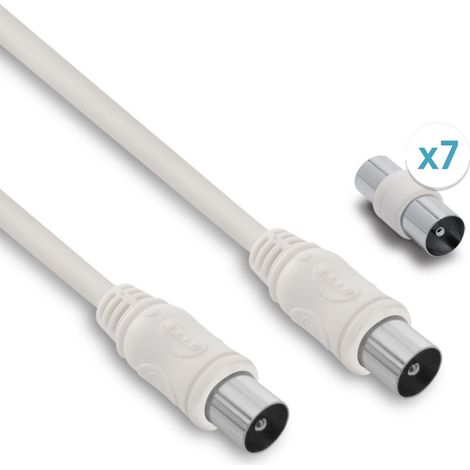 Câble TV coaxial 9,52 mm mâle/mâle+adaptateurs universels 5 m - blanc