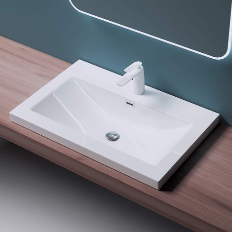 Mai & Mai Waschbecken Einbauwaschbecken Waschschale Waschtisch Mineralguss Weiß Rechteckig 1 Armaturenloch Überlauf-Funktion Breite: 76,5cm Col01
