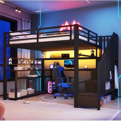 Lit mezzanine 140x200 en métal avec LED, bureau, armoire et rangements intégrés, noir (1/5)