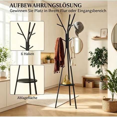 Perchero de pie 45x45x180 cm de metal y MDF negro con balda para entrada – MEUBLIV (1/5)