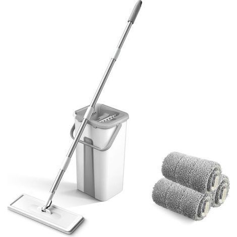Serpillière Seau Essoreur, Serpillère Microfibre Plat avec Manche INOX, Balai Plat Rotative 360° avec 3 Serpillères Réutilisables, Balai Serpillière pour Nettoyage Tous Types de Sols (1/5)